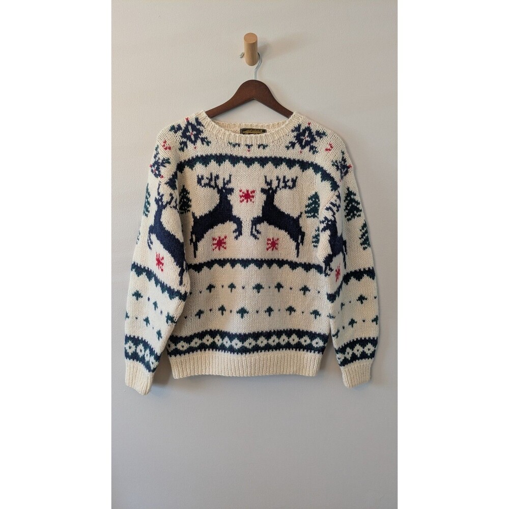 Vintage Eddie Bauer Womens Wool Nordic Sweater M Reindeer Fair Isle 80s 90s